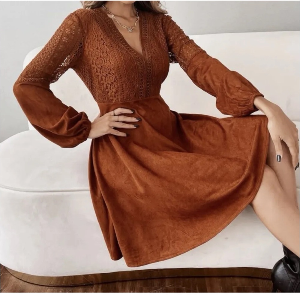 SHEIN Brown Suedette Long Sleeve Dress